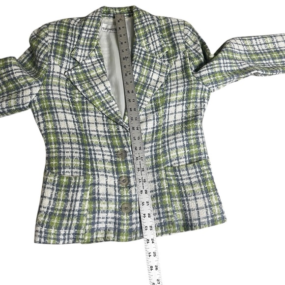 Women’s Colorful Plaid Hourglass Blazer Green Blue White w Checkered Pockets S - Picture 12 of 12